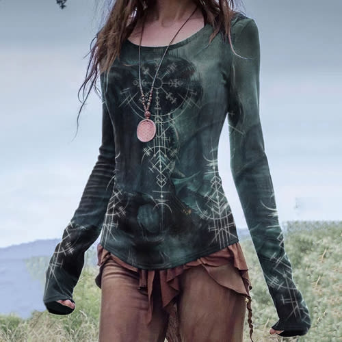 Women's Viking Compass Monster Print Round Neck Long Sleeve T-Shirt