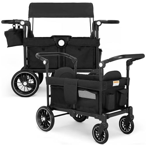 Wagon Stroller for 2 Kids, Foldable Kids Wagon Cart Featuring with Harnesses, Adjustable Double Push Handle, Removable Canopy, Snack Tray, Large Storage Bag, Gray