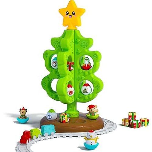 My First Christmas Tree for Toddlers, Montessori Christmas Decoration Toy with Ornaments, Mini Train Set, Roly Poly Toys, Finger Puppets, Birthday Xmas Gifts for Little Kids Boys and Girls