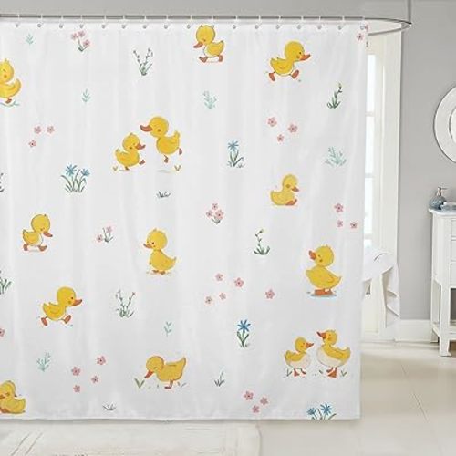 Cute Duck Shower Curtain Kids Boys Girls Cartoon Flowers Leaves Waterproof Curtain Farmhouse Animals Plants Bathroom Curtain Teens Adult Room Decor Yellow White Bath Curtain,12 Hooks,72"Wx78"L