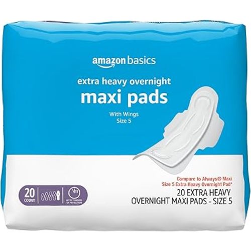 Amazon Basics Thick Maxi Pads with Wings for Periods - Extra Heavy Overnight Absorbency, Unscented, Size 5, 20 Count (Previously Solimo)