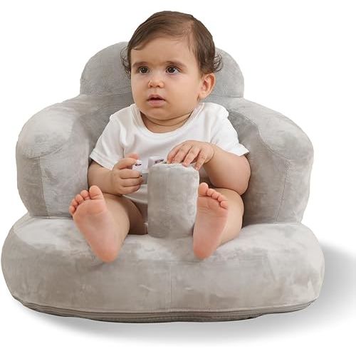 Velvet-Covered Inflatable Baby Seat with Built-in Pump | A Supportive Bumbo Seat for Babies 3-36 Months | Perfect for Learning to Sit, Feeding, Floor Time & Camping (Velvet Pillar-Gray)