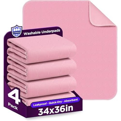Washable Bed Pads 34" x 36" - 4 Pack, Pink, Waterproof Bed Pads for Incontinence, Bed Wetting Pads for Bed, Sofa, Floor, Resuable Underpads for Adults, Seniors, Pet