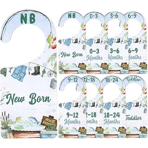 CORNER LACE Baby Closet Dividers 8PCS, Fishing Theme Wooden Double-Sided Clothes Size Hanger Organizer from Newborn to Toddler for Nursery Decor Baby Shower Birthday Gift