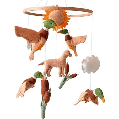 Mallard Duck Baby Crib Mobile, Handmade Felt Dog Mobile for Crib, Nursery Decor for Boys & Girls, Hunting Neutral Baby Shower Gift, with Mallard Duck, Sun & Clouds