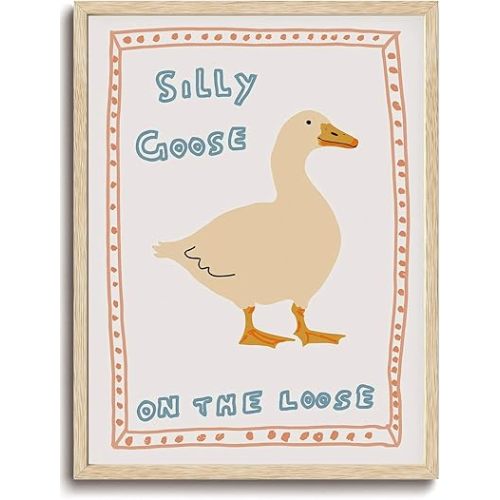KISSFOX Framed Wall Art Nursery Wall Decor Silly Goose Pictures Kids Cute Animal Canvas Art Yellow Boho Paintings Artwork For Children Boys Girls Room