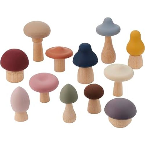 tickit SiliSoft Woodland Mushroom Set | 12 Soft Silicone & Wooden Mushrooms for Sensory Play, Motor Skills & Imaginative Small-World Adventures
