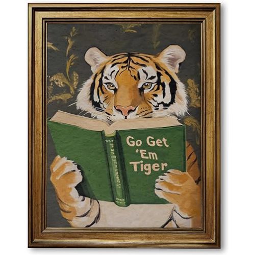 Vintage Gold Framed Wall Art Go Get Em Tiger Poster Funny Animal Reading Book Motivational Canvas Print Retro Jungle Inspired Surreal Humor Big Cat Picture Rustic Room Decor 8x10inch