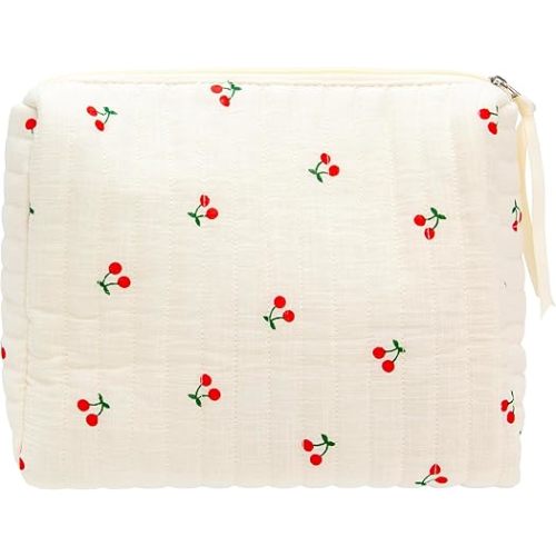 PAZIMIIK Quilted Makeup Bag Large Travel Zipper Soft Cosmetic Pouch for Women Girls Make Up,Cherry Beige