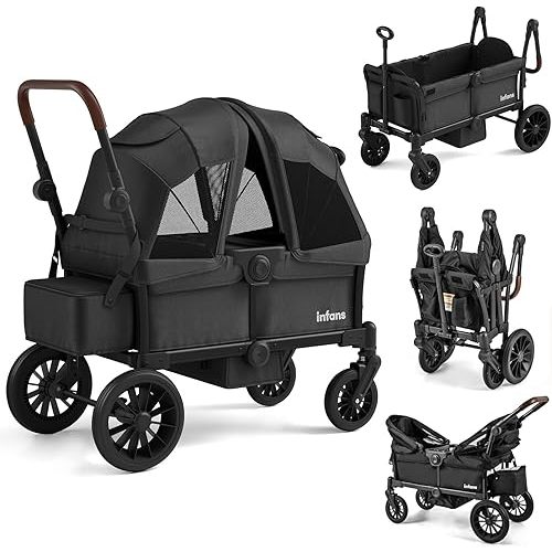INFANS Wagon Stroller for 2 Kids, Collapsible Adjustable Push Pull Handle Bar, 2 Seater Stroller Wagon with Removable Canopy Snack Tray, Comfortable Drop-Down footwell and Upholstered Seats