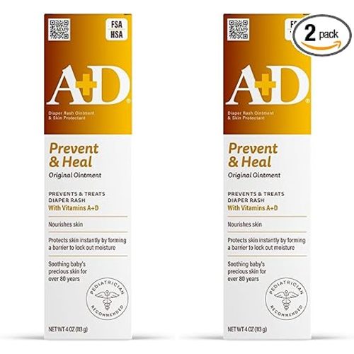 A+D Original Diaper Rash Ointment Prevents & Treats Diaper Rash, Moisturizing Skin Protectant with Vitamins A & D, Healing Skin-Ointment for Dry and Cracked Skin 4oz (Pack of 2)