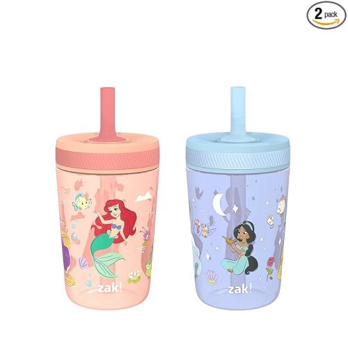 Zak Designs Disney Princess Kelso Toddler Cups For Travel or Home, 15oz 2-Pack Plastic Sippy Cups, Leak-Proof For Kids (Ariel, Aurora, Belle, Cinderella, Jasmine, Mulan, Rapunzel, Tiana)