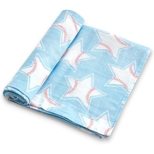 Bamboo Muslin Swaddle Blanket, 1 Pack, 47x47 Inch Large Baby Swaddle, Lightweight & Breathable, Soft for Newborn, Multi-Use Receiving Blanket, Baseball Star Print, Sports Baby Boy