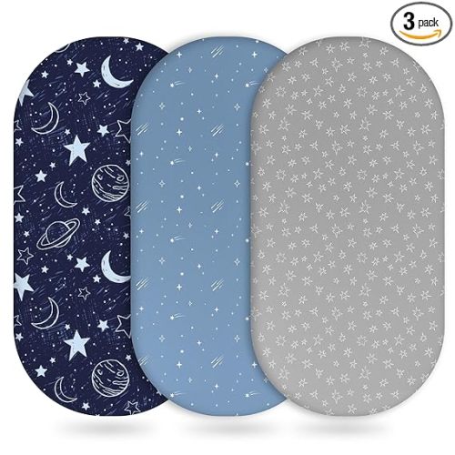 Unnivoll Baby Bassinet Sheets Girl Boy, Fitted Bassinet Sheet Set 3 Pack Bassinet Mattress Sheets Universal Fit for Rectangle, Round, Oval, Hourglass Mattress, Soft Breathable Blue Gray Planet