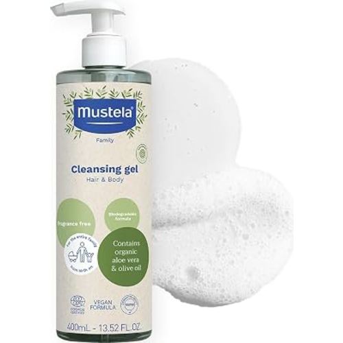 Mustela Certified Organic Cleansing Gel - Natural Hair & Body Wash with Olive Oil & Aloe Vera - For Baby, Kid & Adult - Fragrance Free, Tear Free, Vegan & Biodegradable - 13.52 fl. oz.