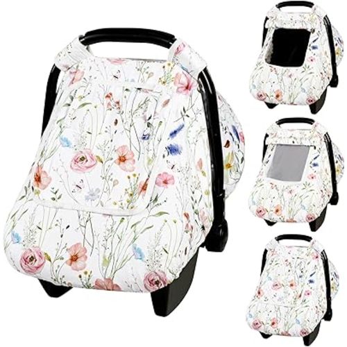 Car Seat Cover Baby, Anti-Kick Carseat Covers Baby Girl, Warm Minky Infant Car Seat Canopy with Mesh Window, Multi-Use Cover Protecting Baby from Wind, Sun, Strangers, White Flowers