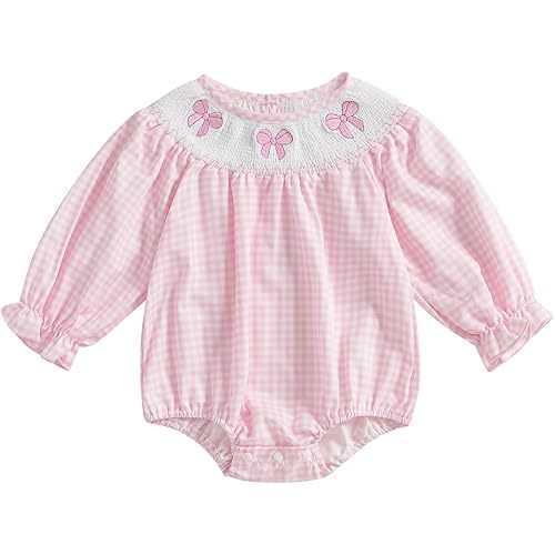 Newborn Infant Baby Girl Bubble Romper Bow Embroidery Plaid Puff Long Sleeve Smocked Bodysuit Cute Fall Clothes