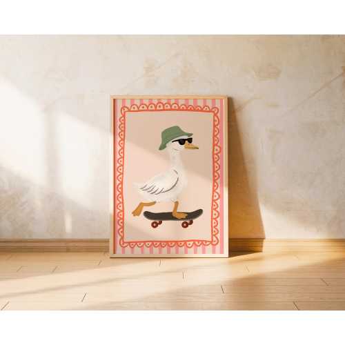 Cool Duck Skateboard Poster Pink Nursery Wall Art Animal Print for Kids Room Fun Boho Scandi Decor Trendy Duckling Illustration Montessori