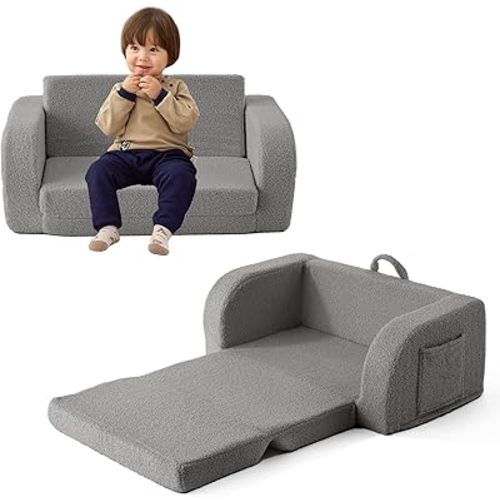 Toddler Couch, 2-in-1 Toddler Chairs Comfy 1-3 Years Old, Toddler Chair for Girls and Boys, Kids Couch Bed Fold Out, Convertible Baby Sofa to Lounge Chair for Playing, Reading, Napping, Double, Grey