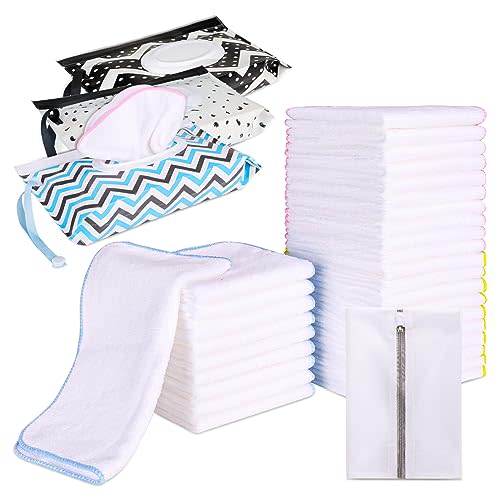 30 Pack Cloth Baby Wipes with 3 Pack Dispenser-Reusable Baby Diapers Wipes-Washable Natural Cloth Wipes Set-100% Cotton-8 x 8 inches