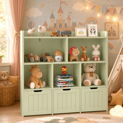 Aiho Kids Bookcase,Children's Book Shelf, 3 Drawers with wheels for Storage,Toddler Bookshelf for Nursery,Kids Rooms - Green