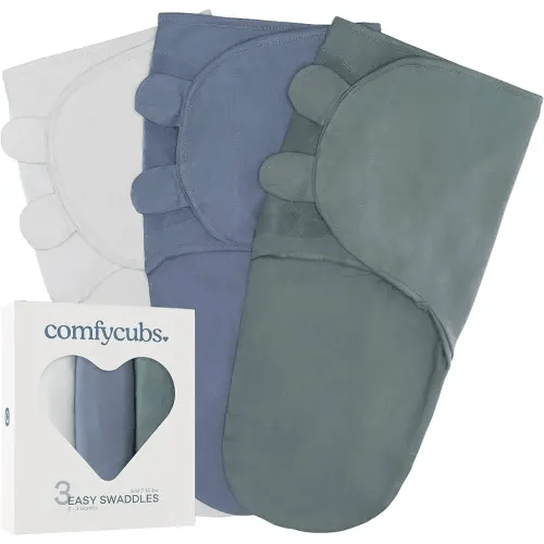 Comfy Cubs Easy Swaddle Blanket, 3 Pack - 100% Cotton Newborn Wrap, Small for 0-3 Months Infants, with Adjustable Velcro, Breathable and Durable Sleep Sack for Babies - Stone, Nomadic Blue & Azul