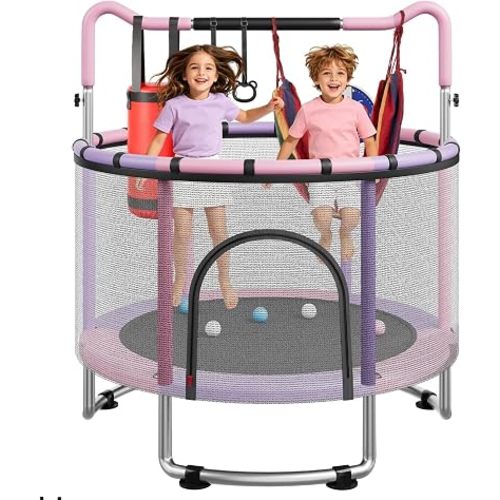 55/60" Trampoline for Kids, 4.5/5 FT Toddler Trampoline with Enclosur Net, Basketball Hoop & Sandbag, 440 LBS Capacity, Adjustable Height,Gifts for Ages 3-12 Boys & Girls
