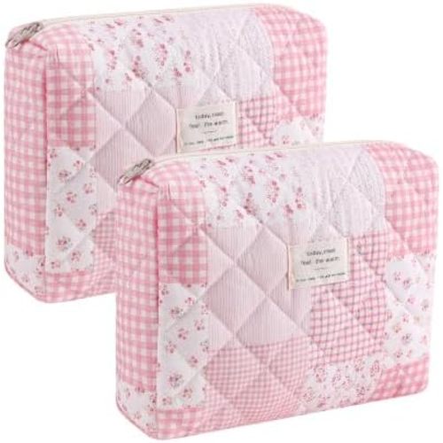 uekeboag 2Pcs Quilted Cotton Makeup Bag, Coquette Cosmetic Bag(12Pink)