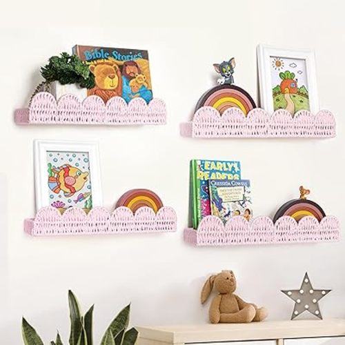 AELS Scalloped Nursery Bookshelf, Set of 4, Picture Ledge Shelf for Wall Decor, Woven Natural Fibre Floating Shelves for Books, Toys, Photo Frame, Nursery, Boho Modern Farmhouse Book Shelf, Pale Pink