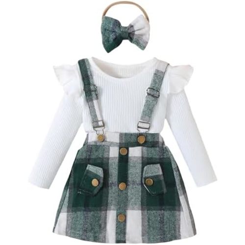 Baby Girl Clothes Sets: 3 Piece Skirt Sets Ribbed Top Plaid Skirts with Headband Fall Outfits for Toddler 6-48 Months
