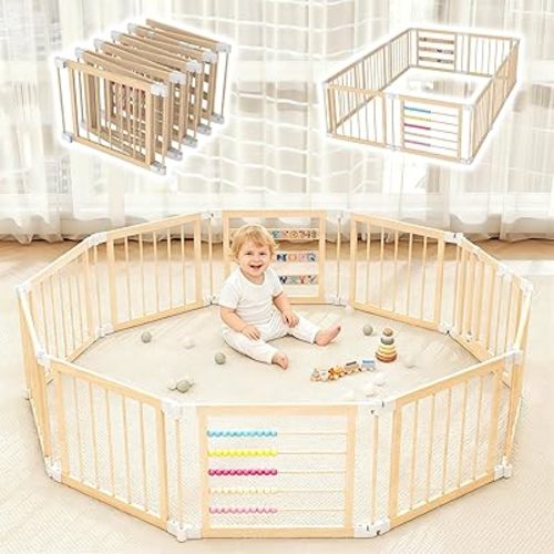 COCO DESIGN Baby Wooden Playpen, 10 Panel Foldable Play Yard for Babies