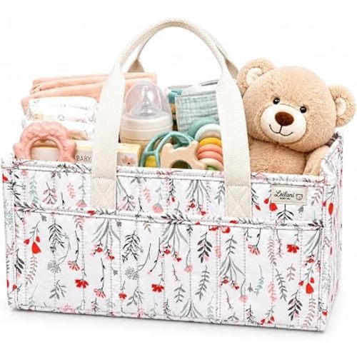 Diaper Caddy Organizer, Floral Design, Portable Nursery Basket with 3 Front Pockets and Zipper Pockets for Baby Essentials
