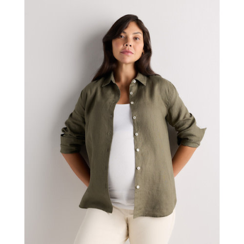 100% European Linen Maternity Long Sleeve Shirt in Flax