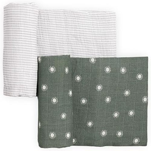 Little Unicorn 100% Certified Natural Organic Cotton Muslin Swaddle Blanket 2 Pack | Giftable Set of 2 swaddles (Sage Suns)