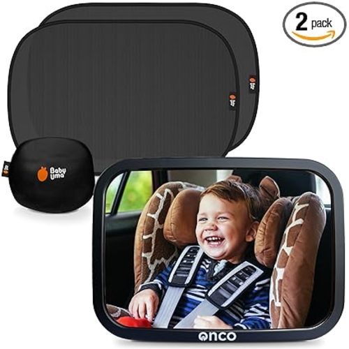 Onco Baby Car Mirror & Car Window Shades Bundle (18.9″ × 12″) - UPF 50+ Window Shade, 100% Shatter-Proof Car Mirror for Baby, Universal Shades & Mirror