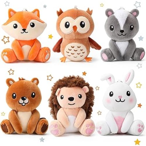 Aoriher 6 Pcs Mini Woodland Animals Stuffed Gift 4 Inch Cute Bear Rabbit Squirrel Raccoon Stuffed Keychain for Shower Birthday Party Centerpiece Decor(Creative)