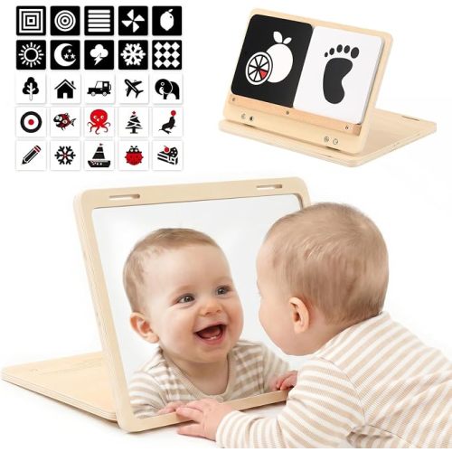 Tummy Time Play Set - Montessori Baby Safe Mirror Toy and Card Display Stand with High Contrast Black and White Cards, Adjustable Angle Large Baby Mirror and Double-Sided Design for 0-6M Newborns
