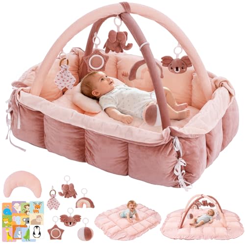 5-in-1 Baby Play Gym and Tummy Time Mat, Tummy Time Pillow & 12 Learning Cards, Plush Activity Mat with 6 Toys, Baby Gym, Convertible to Ball Pit, Baby Gift, Pink