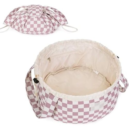 Narwey Barrel Drawstring Checkered Makeup Bag Large Cosmetic Bag Make up Bags Toiletry Bag Travel Bags for Toiletries Organizer for Women Gift for Teen Girls (Dusty Pink Checkerboard) (Patent)