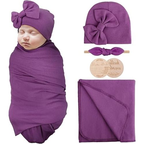 Newborn Receiving Blanket with Bow Hat Headband Wooden Card Set Newborns Toddler Baby Boy Girl Nursery Swaddle Wrap