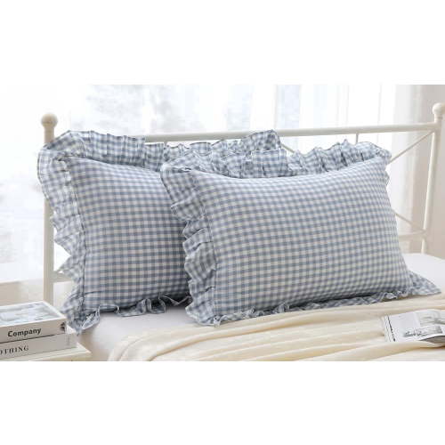 Blue White Plaid Ruffles Pillow Shams Checkered Pillowcases Gingham Queen Size Pillow Cases Washed Cotton Farmhouse Cottage Pillow Covers for Bed/Sofa(20X30inches,Dust Blue/White Plaid),2 Pack