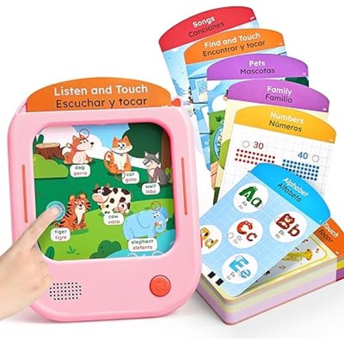 JoyCat Bilingual Kids Learning Tablet, English & Spanish Talking Flash Cards with 106 Pages, 20 Interactive Games, Montessori Learning Toy for Alphabet, Words, Numbers & Songs, Gift for Toddlers 2-6