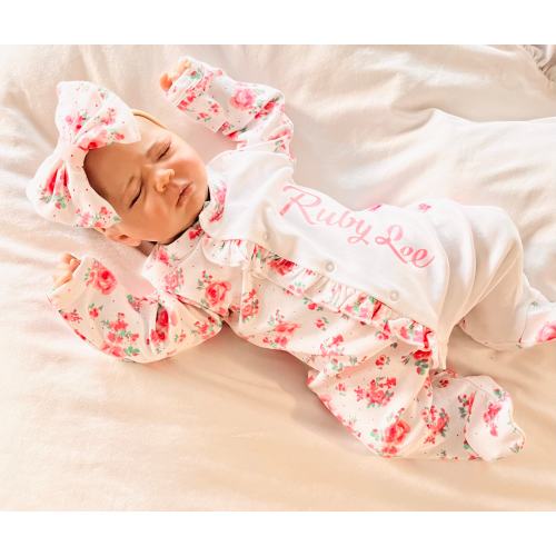 Baby girl embroidered Footies, pink floral outfit, Coming home outfit, Ruffled Footies