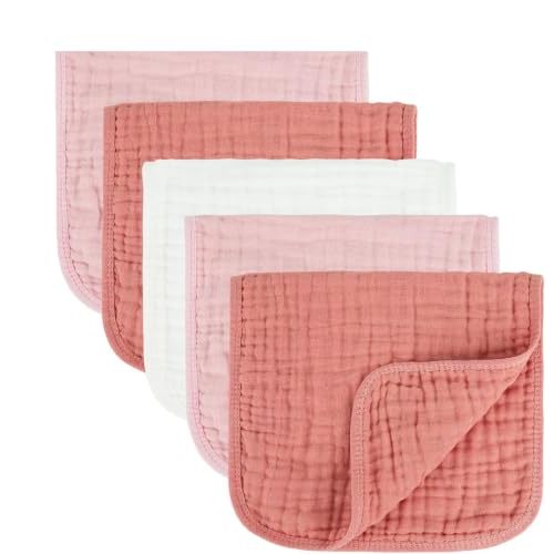 MIGIOL Baby Burp Cloths 100% Cotton Newborn Muslin Burp Cloths 10x20 inches Baby Essentials Pink&White 5-Pack