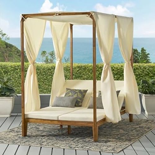 Merax Outdoor Pool Furniture with Canopy, Outdoor Bed Lounger with Curtains and Adjustable Back, Canopy Ourdoor Daybed with Cushion, Acacia Wood Patio Sofa Bed Chaise for Garden Porch, Cream Curtains