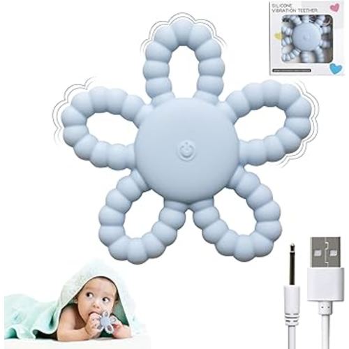 Vibrating Sensory Chew Toy, Vibrating Teether for Baby, Silicone Children Teething Toy for Babies 6-12 8-18 Month, USB Chargeable &3X Vibration Travel Essential Gift for Kid with Autism Toddler