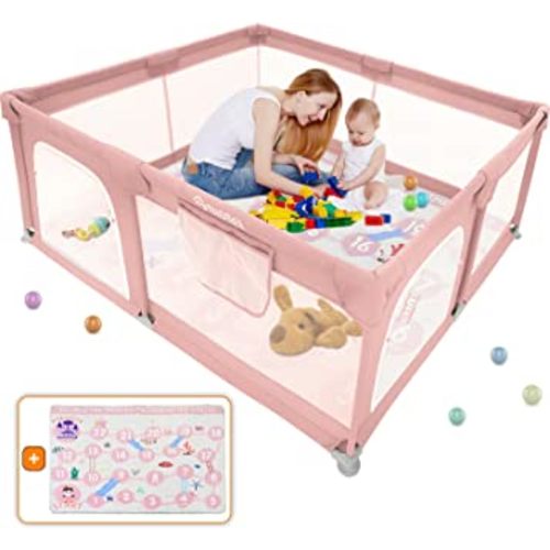 Baby Playpen, Baby Playpen with Mat, Playpen for Babies and Toddlers 71"L x 60"W x 26"D Indoor Large Playpen Safety Baby Fence Play Area, Valentines Day Gifts for Kids (Pink)