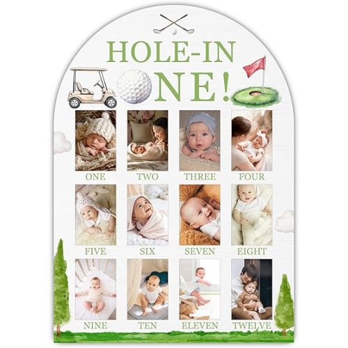 Hole in One My First Year Photo Board, Golf Baby Milestone Signs for Boys Girls Nursery Decor, 12 Month Wooden Picture Board for 2x3 Photos, Best Babies Keepsake Gifts-A13