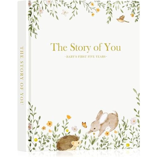 Lanpn Baby Memory Book for Boy Girl - The Story of You, Newborn Babys Book Keepsake Photo Album for New Parents, Leather Cover Baby First 5 Year Milestone Journal Scrapbook (154 Pages)