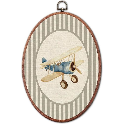 Vintage Cute Airplane Nursery Oval Wall Art Framed, Grey Striped Framed Canvas Prints, Unique Retro Boy or Girl Gift Hanging Wall Decor for Kids Toddler Room Bedroom Playroom, 8.6x11.4 Inch